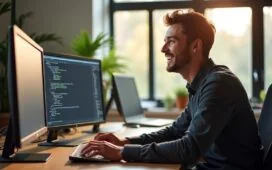 In einem hell erleuchteten, modernen Büro sitzt ein lächelnder Entwickler vor mehreren Bildschirmen mit klar strukturiertem Code, während sanftes Tageslicht durch große Fenster fällt und eine freundliche, kreative Arbeitsatmosphäre vermittelt, die die Zukunft des nahtlosen Web-App-Designs symbolisiert.
