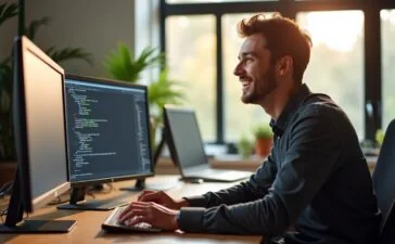 In einem hell erleuchteten, modernen Büro sitzt ein lächelnder Entwickler vor mehreren Bildschirmen mit klar strukturiertem Code, während sanftes Tageslicht durch große Fenster fällt und eine freundliche, kreative Arbeitsatmosphäre vermittelt, die die Zukunft des nahtlosen Web-App-Designs symbolisiert.