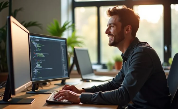 In einem hell erleuchteten, modernen Büro sitzt ein lächelnder Entwickler vor mehreren Bildschirmen mit klar strukturiertem Code, während sanftes Tageslicht durch große Fenster fällt und eine freundliche, kreative Arbeitsatmosphäre vermittelt, die die Zukunft des nahtlosen Web-App-Designs symbolisiert.