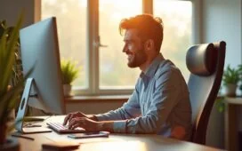 Ein strahlend helles Büro mit natürlichem Tageslicht, in dem ein lächelnder UX-Designer konzentriert vor mehreren Bildschirmen sitzt und mit warmen Farben und klar strukturierten Layouts digitale Interfaces gestaltet, die Vertrauen und positive Emotionen ausstrahlen.