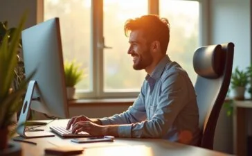 Ein strahlend helles Büro mit natürlichem Tageslicht, in dem ein lächelnder UX-Designer konzentriert vor mehreren Bildschirmen sitzt und mit warmen Farben und klar strukturierten Layouts digitale Interfaces gestaltet, die Vertrauen und positive Emotionen ausstrahlen.