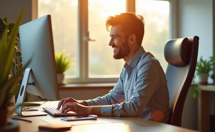 Ein strahlend helles Büro mit natürlichem Tageslicht, in dem ein lächelnder UX-Designer konzentriert vor mehreren Bildschirmen sitzt und mit warmen Farben und klar strukturierten Layouts digitale Interfaces gestaltet, die Vertrauen und positive Emotionen ausstrahlen.