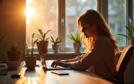 Eine helle, freundlich wirkende Szene in einem modernen Kreativbüro, in der Designer:innen entspannt an Laptops mit innovativen UX- und KI-gestützten Design-Tools arbeiten, während warmes Tageslicht durch große Fenster fällt und dabei eine einladende Atmosphäre voller Inspiration und digitaler Zukunft schafft.