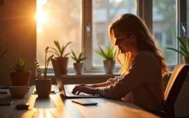 Eine helle, freundlich wirkende Szene in einem modernen Kreativbüro, in der Designer:innen entspannt an Laptops mit innovativen UX- und KI-gestützten Design-Tools arbeiten, während warmes Tageslicht durch große Fenster fällt und dabei eine einladende Atmosphäre voller Inspiration und digitaler Zukunft schafft.