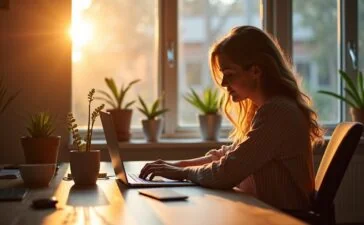 Eine helle, freundlich wirkende Szene in einem modernen Kreativbüro, in der Designer:innen entspannt an Laptops mit innovativen UX- und KI-gestützten Design-Tools arbeiten, während warmes Tageslicht durch große Fenster fällt und dabei eine einladende Atmosphäre voller Inspiration und digitaler Zukunft schafft.