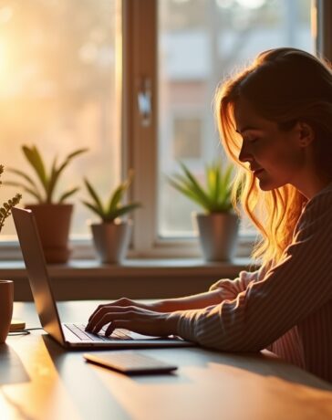 Eine helle, freundlich wirkende Szene in einem modernen Kreativbüro, in der Designer:innen entspannt an Laptops mit innovativen UX- und KI-gestützten Design-Tools arbeiten, während warmes Tageslicht durch große Fenster fällt und dabei eine einladende Atmosphäre voller Inspiration und digitaler Zukunft schafft.