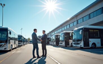 Ein strahlender, sonnendurchfluteter städtischer Busdepot-Hof mit modernen, elektrisch betriebenen MAN-Bussen, vor einem klaren blauen Himmel, in dem engagierte Fahrer und Techniker in lebhafter Atmosphäre lächelnd zusammenarbeiten und so den Aufbruch zu sauberer, nachhaltiger Mobilität symbolisieren.