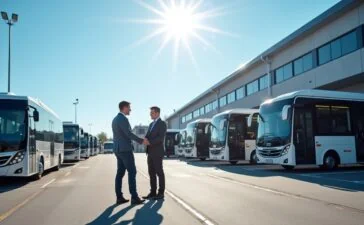 Ein strahlender, sonnendurchfluteter städtischer Busdepot-Hof mit modernen, elektrisch betriebenen MAN-Bussen, vor einem klaren blauen Himmel, in dem engagierte Fahrer und Techniker in lebhafter Atmosphäre lächelnd zusammenarbeiten und so den Aufbruch zu sauberer, nachhaltiger Mobilität symbolisieren.