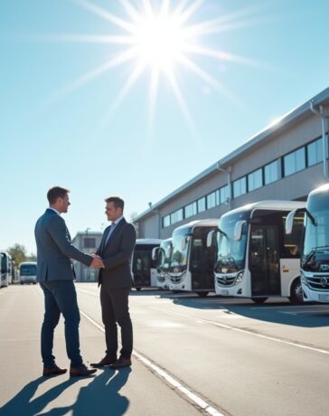 Ein strahlender, sonnendurchfluteter städtischer Busdepot-Hof mit modernen, elektrisch betriebenen MAN-Bussen, vor einem klaren blauen Himmel, in dem engagierte Fahrer und Techniker in lebhafter Atmosphäre lächelnd zusammenarbeiten und so den Aufbruch zu sauberer, nachhaltiger Mobilität symbolisieren.