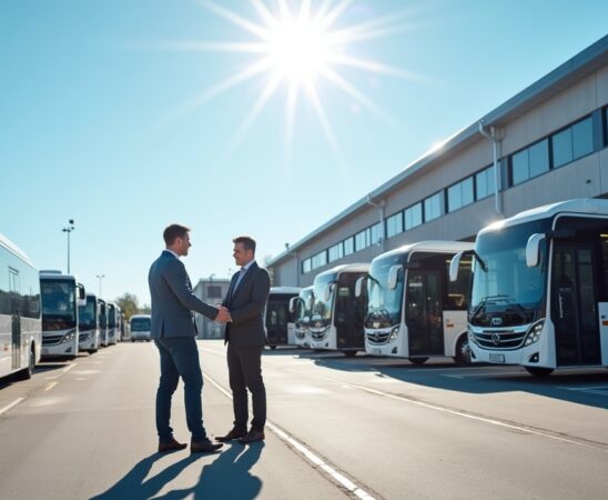 Ein strahlender, sonnendurchfluteter städtischer Busdepot-Hof mit modernen, elektrisch betriebenen MAN-Bussen, vor einem klaren blauen Himmel, in dem engagierte Fahrer und Techniker in lebhafter Atmosphäre lächelnd zusammenarbeiten und so den Aufbruch zu sauberer, nachhaltiger Mobilität symbolisieren.