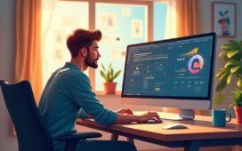 Ein helles, freundliches Büroambiente mit einem Webdesigner, der konzentriert an einem großen Bildschirm mit Photoshop-Plugins arbeitet, umgeben von warmem Tageslicht, modernen technischen Geräten und kreativen Skizzen – ein lebendiger Moment produktiver, digitaler Gestaltung im Jahr 2025.