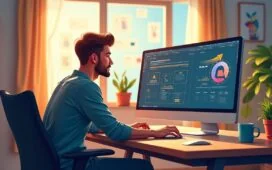 Ein helles, freundliches Büroambiente mit einem Webdesigner, der konzentriert an einem großen Bildschirm mit Photoshop-Plugins arbeitet, umgeben von warmem Tageslicht, modernen technischen Geräten und kreativen Skizzen – ein lebendiger Moment produktiver, digitaler Gestaltung im Jahr 2025.