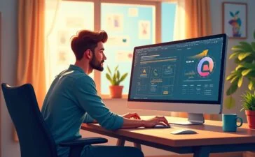 Ein helles, freundliches Büroambiente mit einem Webdesigner, der konzentriert an einem großen Bildschirm mit Photoshop-Plugins arbeitet, umgeben von warmem Tageslicht, modernen technischen Geräten und kreativen Skizzen – ein lebendiger Moment produktiver, digitaler Gestaltung im Jahr 2025.