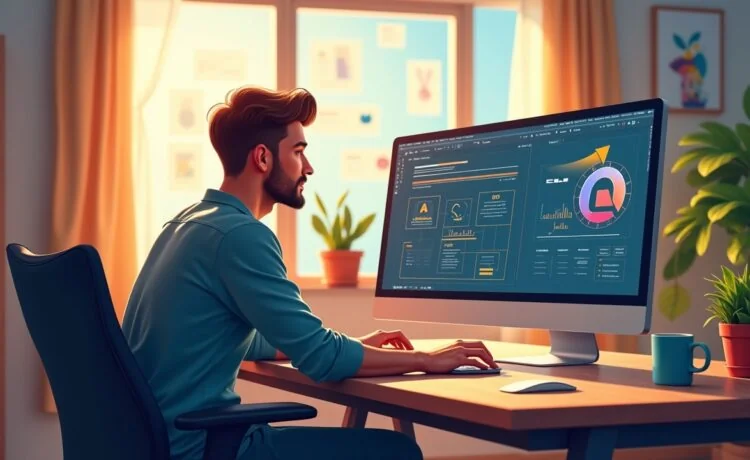 Ein helles, freundliches Büroambiente mit einem Webdesigner, der konzentriert an einem großen Bildschirm mit Photoshop-Plugins arbeitet, umgeben von warmem Tageslicht, modernen technischen Geräten und kreativen Skizzen – ein lebendiger Moment produktiver, digitaler Gestaltung im Jahr 2025.
