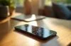 Ein modernes Smartphone liegt gemütlich auf einem hellen Holztisch, umgeben von sanftem Tageslicht, während auf dem klaren Sperrbildschirm interaktive Widgets in harmonischer Anordnung lebendig wirken und technische Zukunftsfreude ausstrahlen.