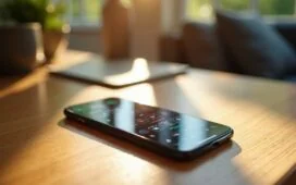 Ein modernes Smartphone liegt gemütlich auf einem hellen Holztisch, umgeben von sanftem Tageslicht, während auf dem klaren Sperrbildschirm interaktive Widgets in harmonischer Anordnung lebendig wirken und technische Zukunftsfreude ausstrahlen.