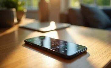 Ein modernes Smartphone liegt gemütlich auf einem hellen Holztisch, umgeben von sanftem Tageslicht, während auf dem klaren Sperrbildschirm interaktive Widgets in harmonischer Anordnung lebendig wirken und technische Zukunftsfreude ausstrahlen.