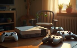 Ein stimmungsvolles, hell beleuchtetes Editorial-Foto zeigt eine moderne Spielekonsole mit klassischen Controllern, umgeben von nostalgischen Videokassetten und moderner Technik, in einem wohnlichen Ambiente mit warmem Tageslicht, das Offenheit und den Wandel der Gaming-Ära visuell einfängt.
