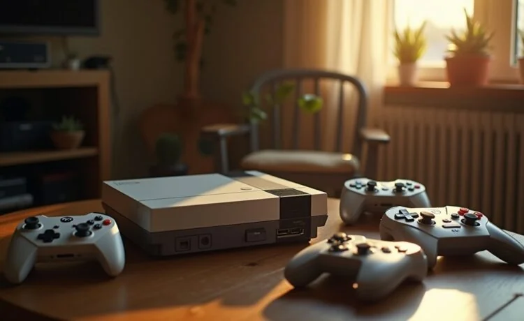 Ein stimmungsvolles, hell beleuchtetes Editorial-Foto zeigt eine moderne Spielekonsole mit klassischen Controllern, umgeben von nostalgischen Videokassetten und moderner Technik, in einem wohnlichen Ambiente mit warmem Tageslicht, das Offenheit und den Wandel der Gaming-Ära visuell einfängt.