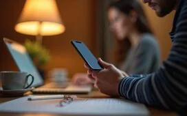 Ein hell erleuchteter Arbeitsplatz mit einem modernen Smartphone im Vordergrund, umgeben von Notizen und einer Tasse Kaffee, während eine Person im Hintergrund konzentriert am Laptop arbeitet – eine warme, einladende Szene, die die wachsende Bedeutung und Komplexität mobiler Sicherheit im digitalen Alltag lebendig einfängt.