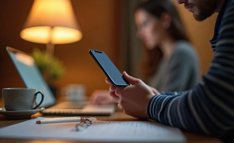 Ein hell erleuchteter Arbeitsplatz mit einem modernen Smartphone im Vordergrund, umgeben von Notizen und einer Tasse Kaffee, während eine Person im Hintergrund konzentriert am Laptop arbeitet – eine warme, einladende Szene, die die wachsende Bedeutung und Komplexität mobiler Sicherheit im digitalen Alltag lebendig einfängt.