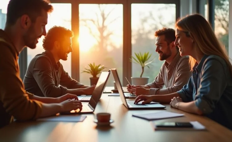 Ein hell erleuchteter, moderner Büroarbeitsplatz mit einem dynamischen Team aus mehreren Personen unterschiedlicher Herkunft, die konzentriert an Laptops und Tablets zusammenarbeiten, umrahmt von großen Fenstern mit warmem Tageslicht und einem offenen, freundlichen Ambiente, das Innovation, Teamgeist und die harmonische Verbindung von Technologie und Datenschutz symbolisiert.