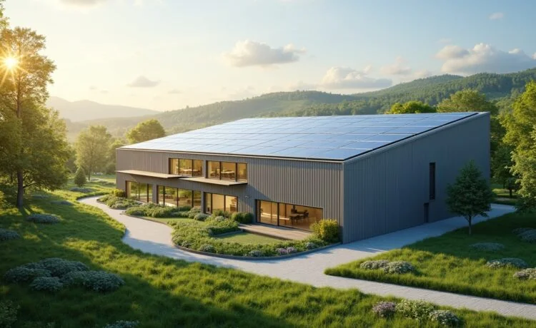 Ein strahlend sonnendurchflutetes Rechenzentrum mit glänzenden Solarpaneelen auf dem Dach, umgeben von sanftem Grün, vermittelt eine moderne, nachhaltige IT-Infrastruktur in harmonischer Balance zwischen Technologie und Natur.