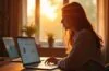 Ein hell erleuchteter moderner Arbeitsplatz mit einem auf einem Laptop geöffneten Browser, der ein Analyse-Addon zeigt, umgeben von warmem Tageslicht, das eine konzentrierte Person in entspannter Atmosphäre beim reflektierenden Umgang mit digitalen Inhalten einfängt.
