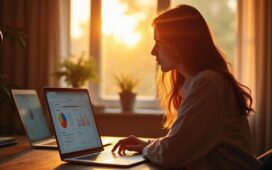 Ein hell erleuchteter moderner Arbeitsplatz mit einem auf einem Laptop geöffneten Browser, der ein Analyse-Addon zeigt, umgeben von warmem Tageslicht, das eine konzentrierte Person in entspannter Atmosphäre beim reflektierenden Umgang mit digitalen Inhalten einfängt.