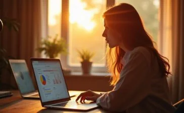 Ein hell erleuchteter moderner Arbeitsplatz mit einem auf einem Laptop geöffneten Browser, der ein Analyse-Addon zeigt, umgeben von warmem Tageslicht, das eine konzentrierte Person in entspannter Atmosphäre beim reflektierenden Umgang mit digitalen Inhalten einfängt.