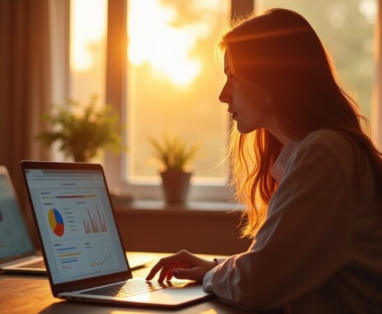 Ein hell erleuchteter moderner Arbeitsplatz mit einem auf einem Laptop geöffneten Browser, der ein Analyse-Addon zeigt, umgeben von warmem Tageslicht, das eine konzentrierte Person in entspannter Atmosphäre beim reflektierenden Umgang mit digitalen Inhalten einfängt.
