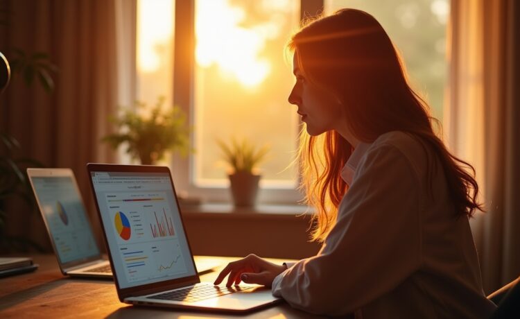 Ein hell erleuchteter moderner Arbeitsplatz mit einem auf einem Laptop geöffneten Browser, der ein Analyse-Addon zeigt, umgeben von warmem Tageslicht, das eine konzentrierte Person in entspannter Atmosphäre beim reflektierenden Umgang mit digitalen Inhalten einfängt.
