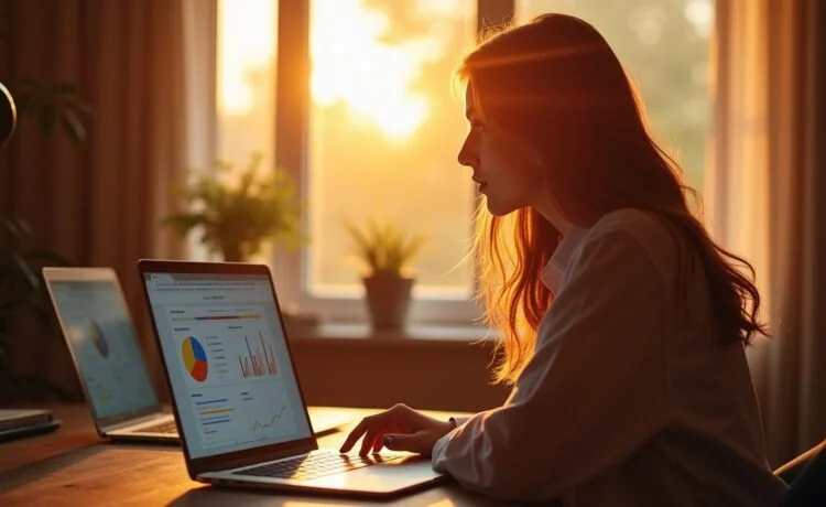 Ein hell erleuchteter moderner Arbeitsplatz mit einem auf einem Laptop geöffneten Browser, der ein Analyse-Addon zeigt, umgeben von warmem Tageslicht, das eine konzentrierte Person in entspannter Atmosphäre beim reflektierenden Umgang mit digitalen Inhalten einfängt.
