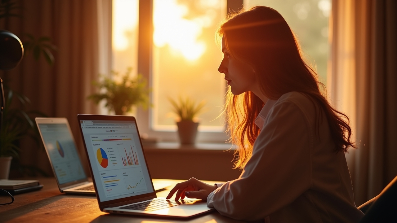 Ein hell erleuchteter moderner Arbeitsplatz mit einem auf einem Laptop geöffneten Browser, der ein Analyse-Addon zeigt, umgeben von warmem Tageslicht, das eine konzentrierte Person in entspannter Atmosphäre beim reflektierenden Umgang mit digitalen Inhalten einfängt.