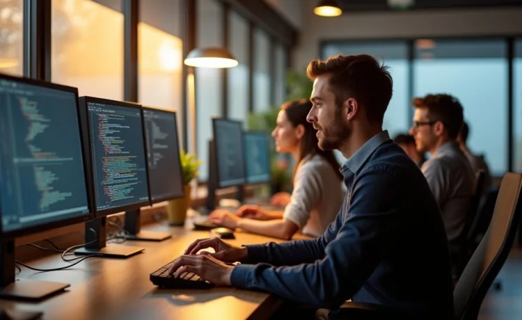 Ein warm beleuchtetes, modernes Büro mit einem motivierten Entwicklerteam, das konzentriert vor großen Bildschirmen sitzt und zusammen an sicherheitsrelevanten Quellcodes arbeitet, während das Tageslicht durch große Fenster fällt und eine freundliche, vertrauensvolle Atmosphäre schafft.