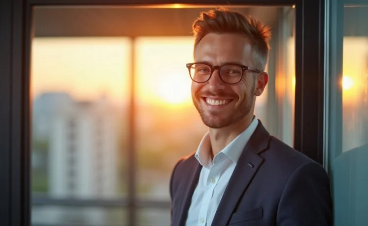 Ein warm erleuchtetes, natürliches Editorial-Porträt eines nachdenklich lächelnden IT-Experten vor einem modernen Bürofenster mit sanftem Tageslicht, das die Balance zwischen technischer Kompetenz und menschlicher Neugier ausstrahlt.