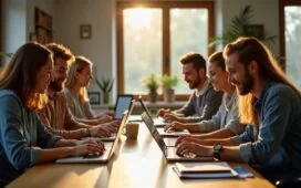 Eine helle, freundliche Büroszene mit vielfältigen Menschen unterschiedlichen Alters und Hintergrunds, die lächelnd und konzentriert an modernen Computern und Tablets zusammenarbeiten, umgeben von natürlichem Licht und warmen Holztönen, die die lebendige Verbindung von Mensch und Technologie in der beginnenden KI-Ära symbolisieren.