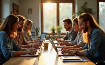 Eine helle, freundliche Büroszene mit vielfältigen Menschen unterschiedlichen Alters und Hintergrunds, die lächelnd und konzentriert an modernen Computern und Tablets zusammenarbeiten, umgeben von natürlichem Licht und warmen Holztönen, die die lebendige Verbindung von Mensch und Technologie in der beginnenden KI-Ära symbolisieren.