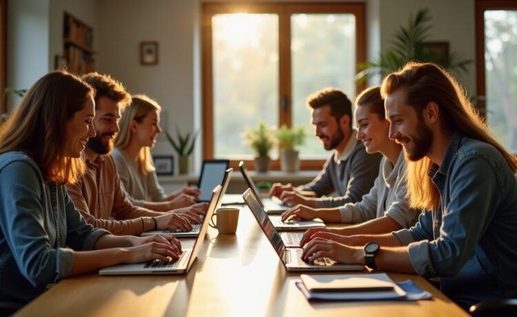 Eine helle, freundliche Büroszene mit vielfältigen Menschen unterschiedlichen Alters und Hintergrunds, die lächelnd und konzentriert an modernen Computern und Tablets zusammenarbeiten, umgeben von natürlichem Licht und warmen Holztönen, die die lebendige Verbindung von Mensch und Technologie in der beginnenden KI-Ära symbolisieren.