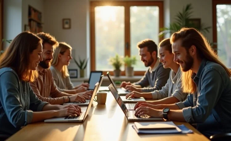 Eine helle, freundliche Büroszene mit vielfältigen Menschen unterschiedlichen Alters und Hintergrunds, die lächelnd und konzentriert an modernen Computern und Tablets zusammenarbeiten, umgeben von natürlichem Licht und warmen Holztönen, die die lebendige Verbindung von Mensch und Technologie in der beginnenden KI-Ära symbolisieren.