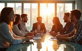 Ein lichtdurchfluteter, freundlicher Büroraum, in dem ein multikulturelles Team aus Fachleuten verschiedener Branchen um einen modernen Glastisch versammelt ist, lebhaft in eine inspirierende Diskussion über digitale Innovation und KI-Zukunft vertieft – natürliches Tageslicht sorgt für warme Farben und eine einladende Atmosphäre voller Hoffnung und Fortschritt.