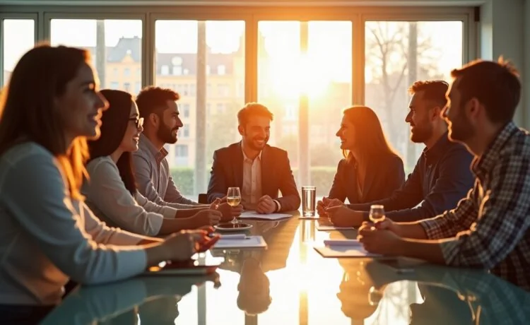 Ein lichtdurchfluteter, freundlicher Büroraum, in dem ein multikulturelles Team aus Fachleuten verschiedener Branchen um einen modernen Glastisch versammelt ist, lebhaft in eine inspirierende Diskussion über digitale Innovation und KI-Zukunft vertieft – natürliches Tageslicht sorgt für warme Farben und eine einladende Atmosphäre voller Hoffnung und Fortschritt.