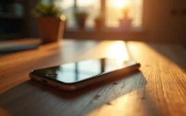 Ein hell erleuchtetes, modernes Smartphone auf einem warmen Holztisch, umgeben von sanftem Tageslicht und sanften Schatten, das in einem offenen, freundlichen Arbeitsumfeld die Verschmelzung von KI-Technologie und Datenschutz symbolisiert.