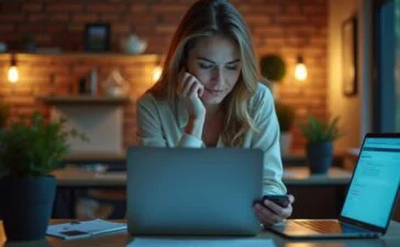 Eine helle, freundlich beleuchtete Aufnahme einer konzentrierten Frau mittleren Alters, die an ihrem modernen Arbeitsplatz mit Laptop und Smartphone wachsam digitale Sicherheitsmaßnahmen überprüft, umgeben von warmem Tageslicht und dezenten technischen Details, die das Thema digitaler Schutz und Achtsamkeit gegen Betrugsversuche eindrucksvoll vermitteln.