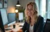 In einem hell erleuchteten, modernen Büro strahlt Amanda Askell konzentriert und freundlich, umgeben von Notizen und digitalen Geräten, die die präzise Kunst des Prompt Engineerings als inspirierende Verbindung von menschlicher Kreativität und technologischem Fortschritt lebendig werden lassen.