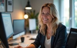 In einem hell erleuchteten, modernen Büro strahlt Amanda Askell konzentriert und freundlich, umgeben von Notizen und digitalen Geräten, die die präzise Kunst des Prompt Engineerings als inspirierende Verbindung von menschlicher Kreativität und technologischem Fortschritt lebendig werden lassen.