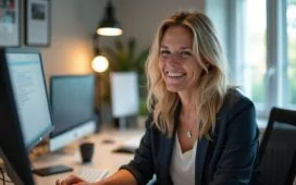 In einem hell erleuchteten, modernen Büro strahlt Amanda Askell konzentriert und freundlich, umgeben von Notizen und digitalen Geräten, die die präzise Kunst des Prompt Engineerings als inspirierende Verbindung von menschlicher Kreativität und technologischem Fortschritt lebendig werden lassen.