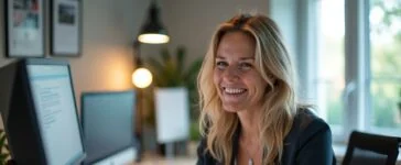 In einem hell erleuchteten, modernen Büro strahlt Amanda Askell konzentriert und freundlich, umgeben von Notizen und digitalen Geräten, die die präzise Kunst des Prompt Engineerings als inspirierende Verbindung von menschlicher Kreativität und technologischem Fortschritt lebendig werden lassen.