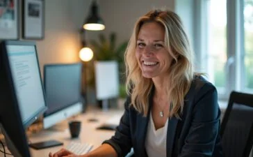 In einem hell erleuchteten, modernen Büro strahlt Amanda Askell konzentriert und freundlich, umgeben von Notizen und digitalen Geräten, die die präzise Kunst des Prompt Engineerings als inspirierende Verbindung von menschlicher Kreativität und technologischem Fortschritt lebendig werden lassen.