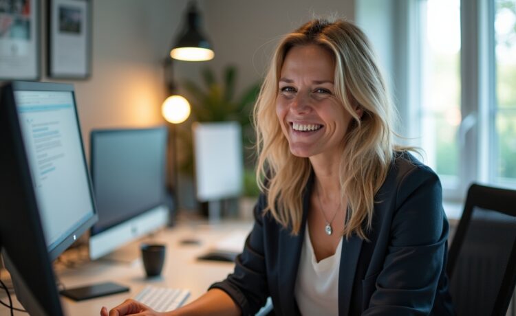 In einem hell erleuchteten, modernen Büro strahlt Amanda Askell konzentriert und freundlich, umgeben von Notizen und digitalen Geräten, die die präzise Kunst des Prompt Engineerings als inspirierende Verbindung von menschlicher Kreativität und technologischem Fortschritt lebendig werden lassen.